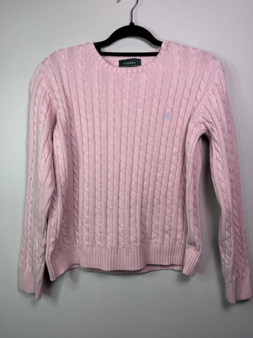 VTG Ralph Lauren Womens Cotton Cable Knit Crew Neck Sweater RLL Logo Pink L